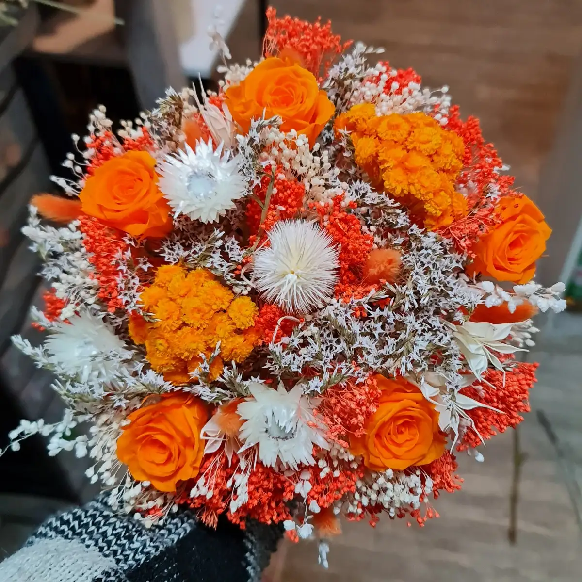 Bouquet fleurs séchées orange et blanc