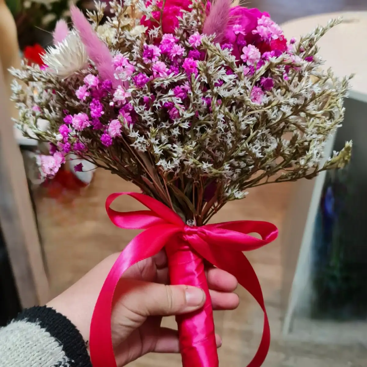 Bouquet fleurs séchées fushia et blanc